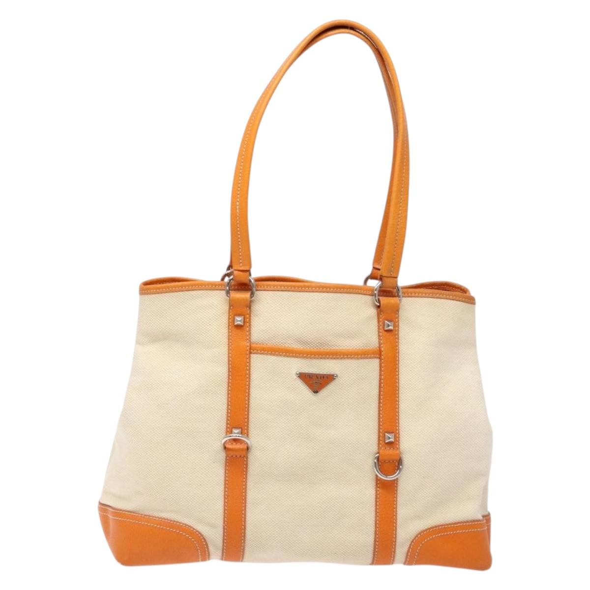 PRADA Hand Bag Canvas Beige Silver Auth 137717