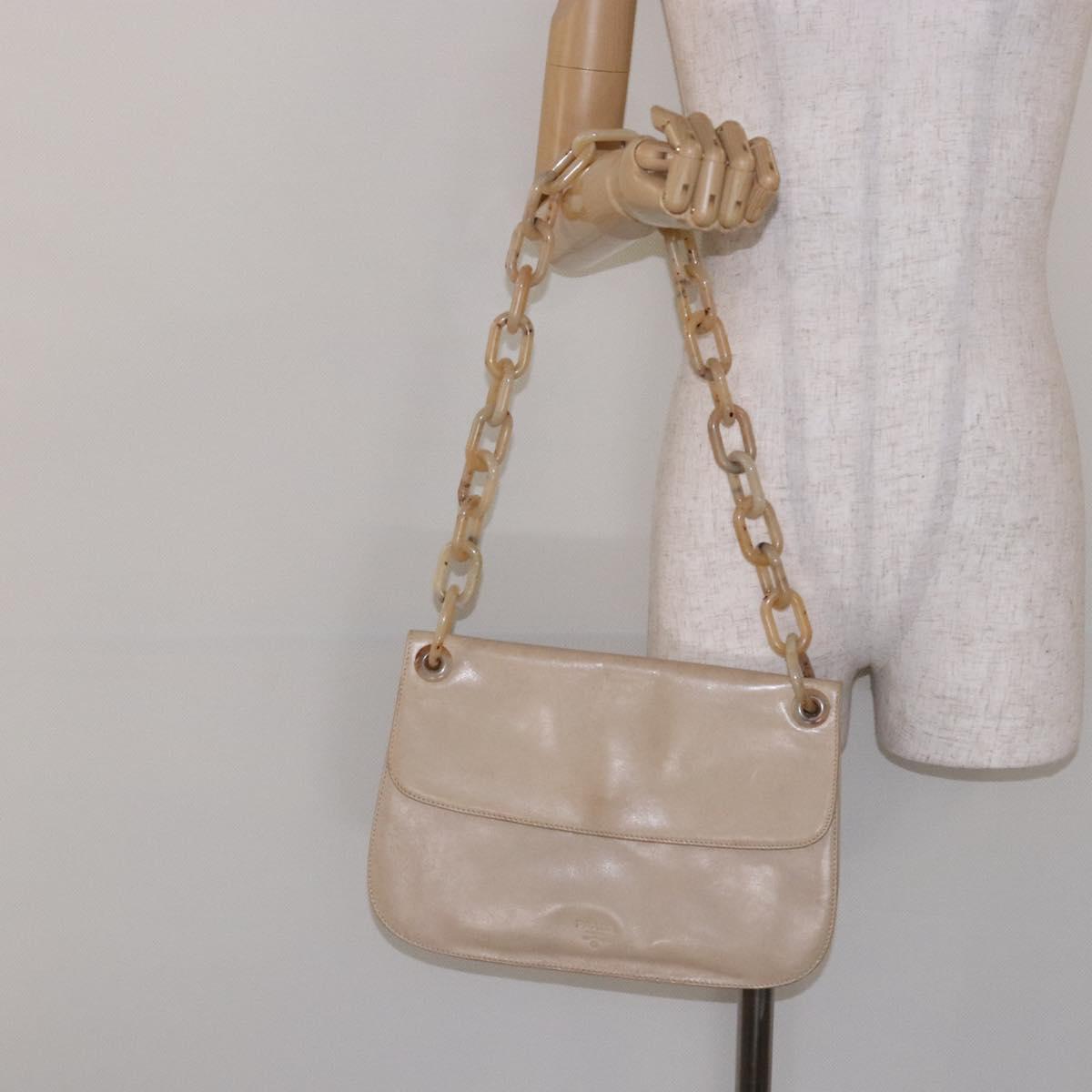 PRADA Chain Shoulder Bag Leather plastic Beige Silver Auth 137752