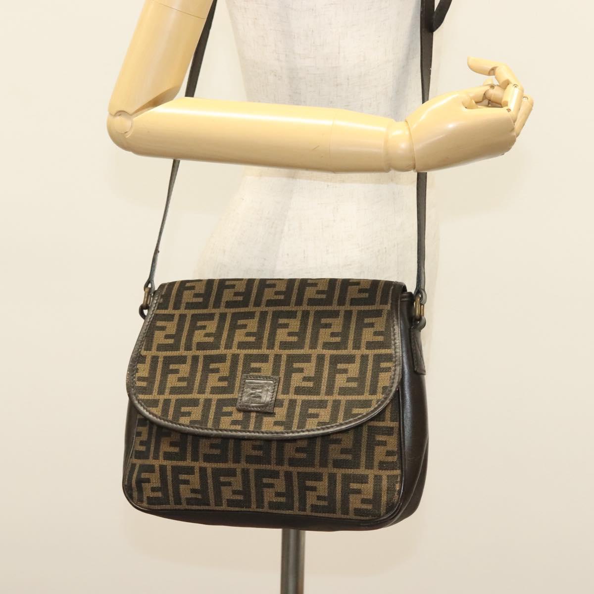 FENDI Zucca Canvas Shoulder Bag Vintage Black Brown Auth 137812