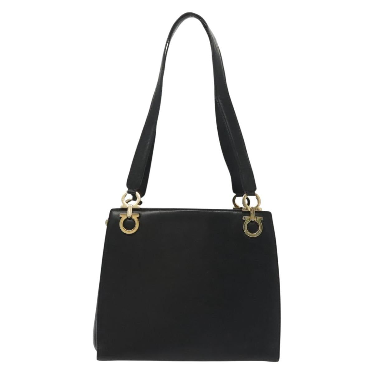 Salvatore Ferragamo Gancini Shoulder Bag Leather Black Gold Auth 137871