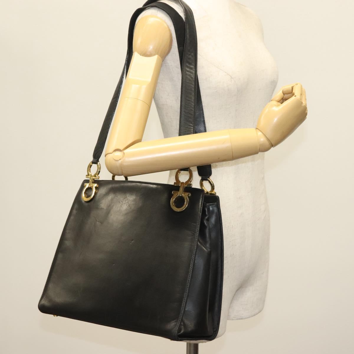 Salvatore Ferragamo Gancini Shoulder Bag Leather Black Gold Auth 137871