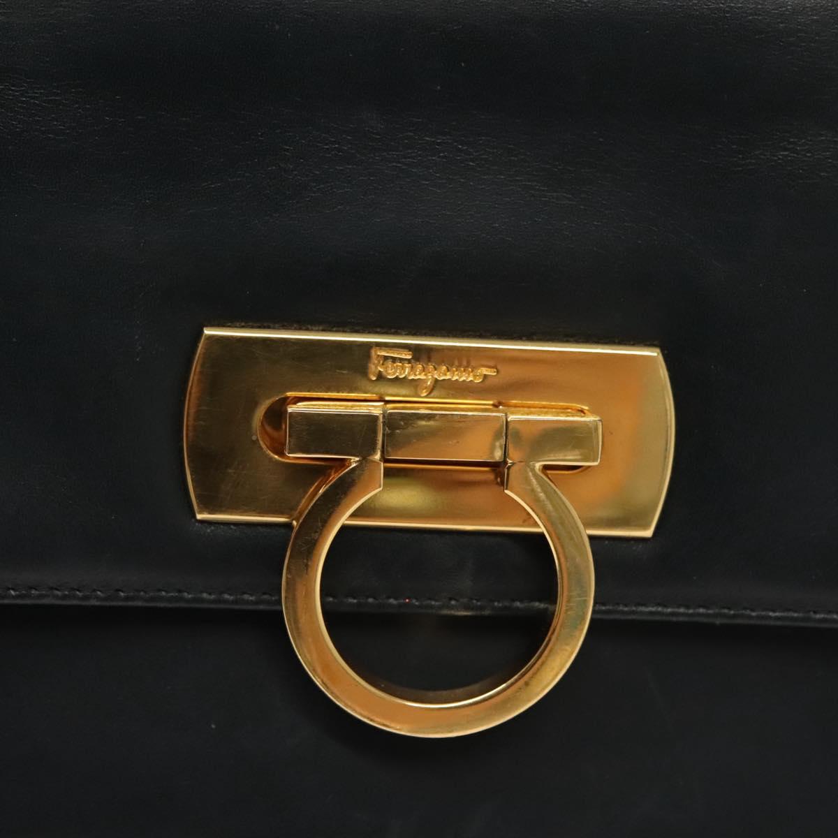 Salvatore Ferragamo Gancini Hand Bag Leather Navy Gold Auth 137969