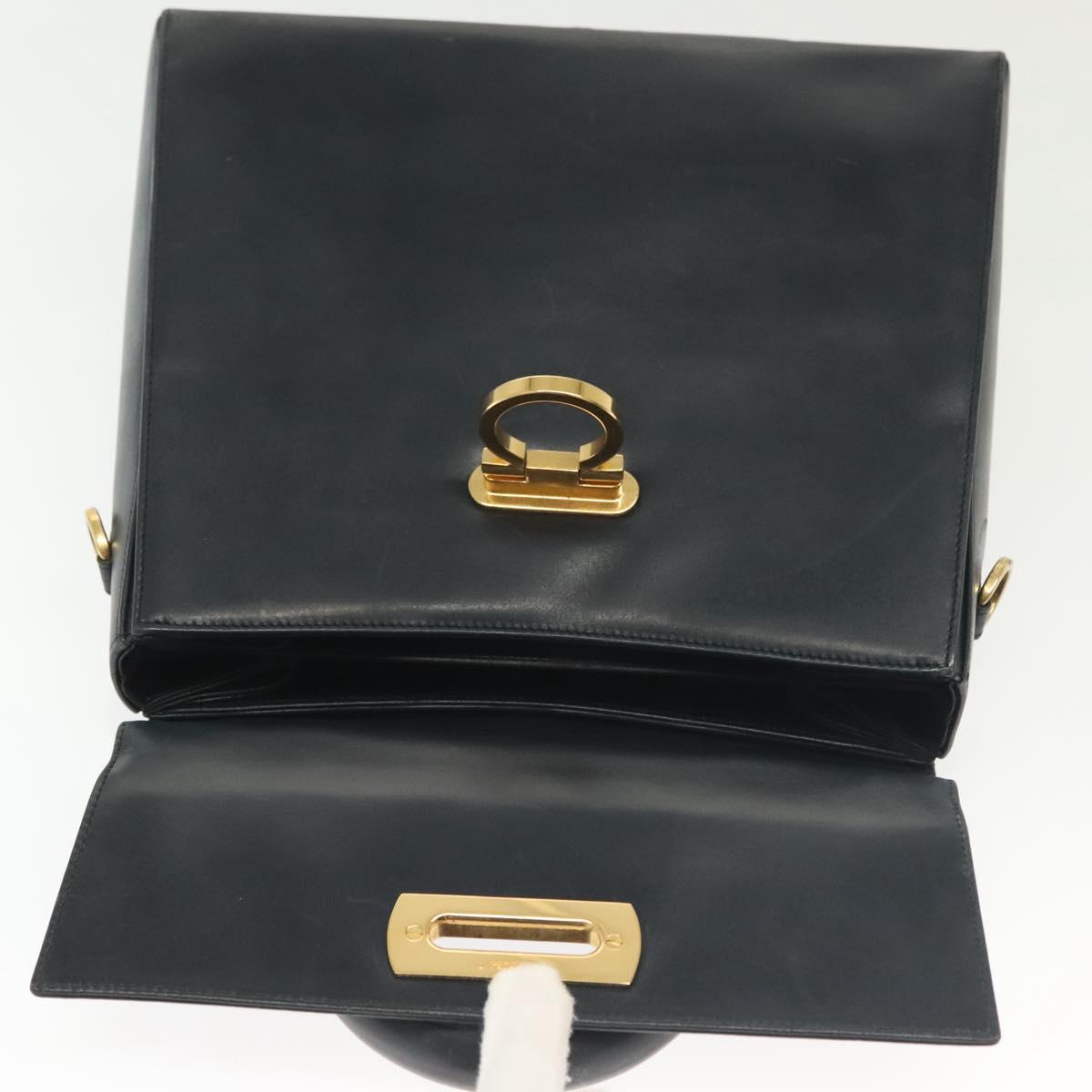 Salvatore Ferragamo Gancini Hand Bag Leather Navy Gold Auth 137969