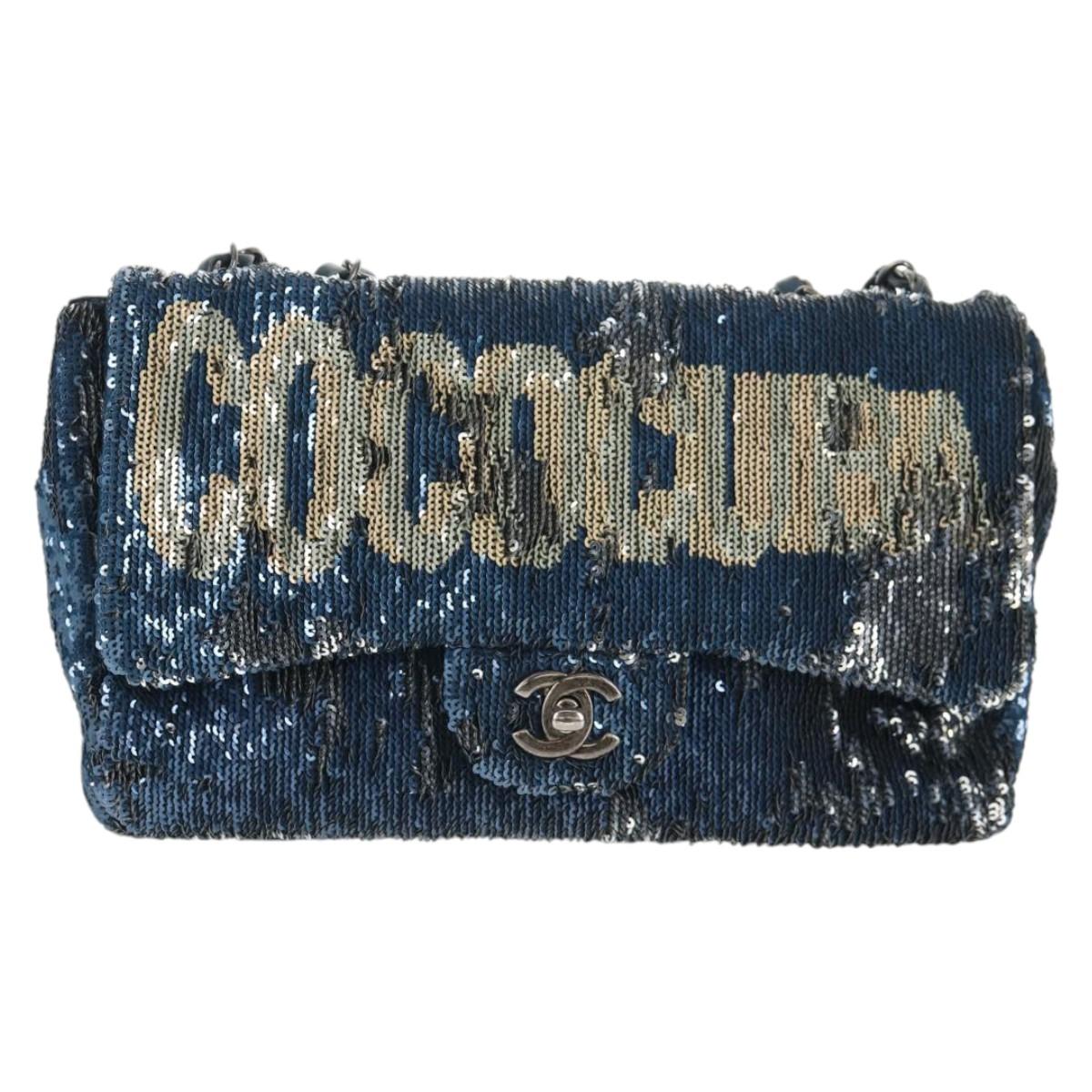 CHANEL Shoulder Bag Sequin Blue Silver CC Auth 138088SM