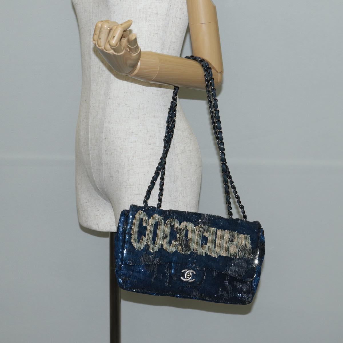 CHANEL Shoulder Bag Sequin Blue Silver CC Auth 138088SM