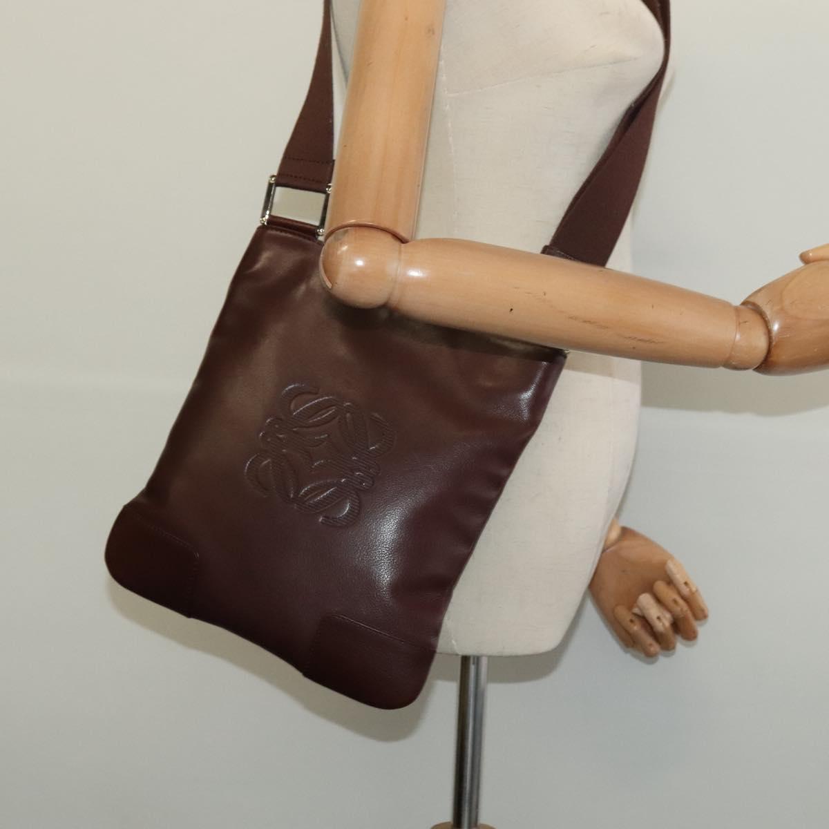 LOEWE Shoulder Bag Leather Brown Silver Auth 138181