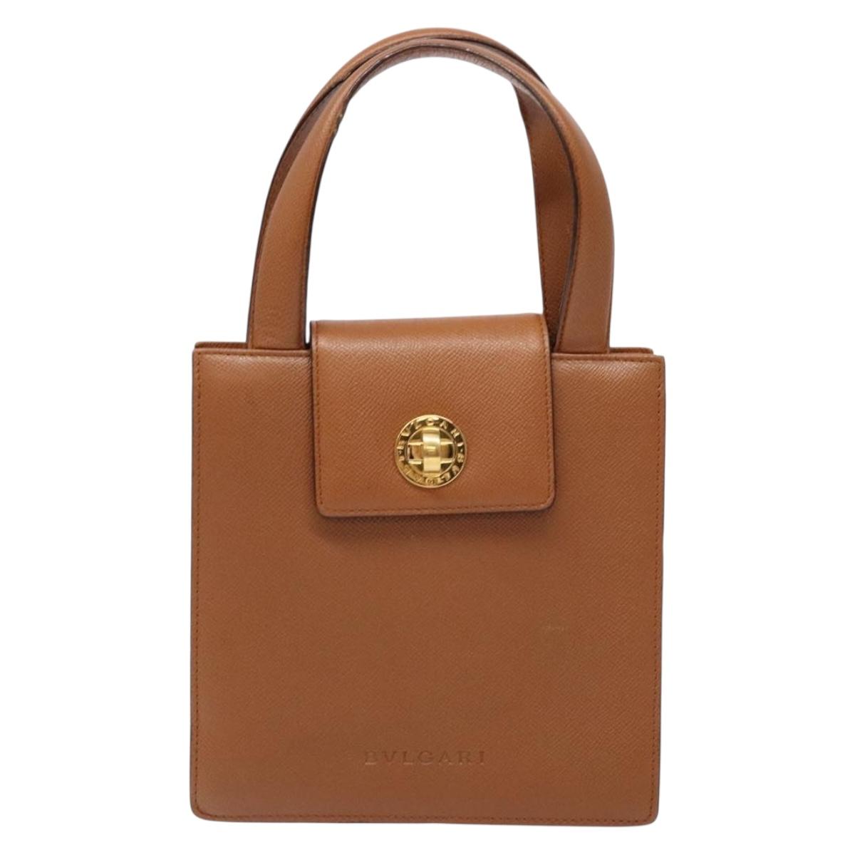 BVLGARI Hand Bag Leather Brown Gold Auth 138226