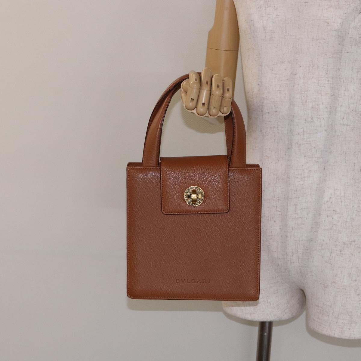 BVLGARI Hand Bag Leather Brown Gold Auth 138226