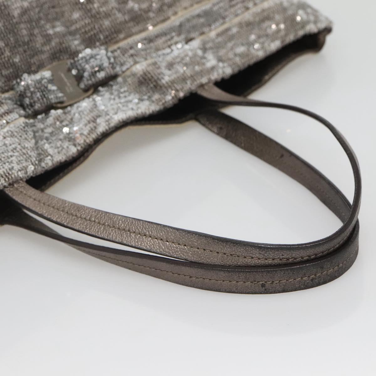 Salvatore Ferragamo Sequin Vala Tote Bag Nylon Silver Auth 138278