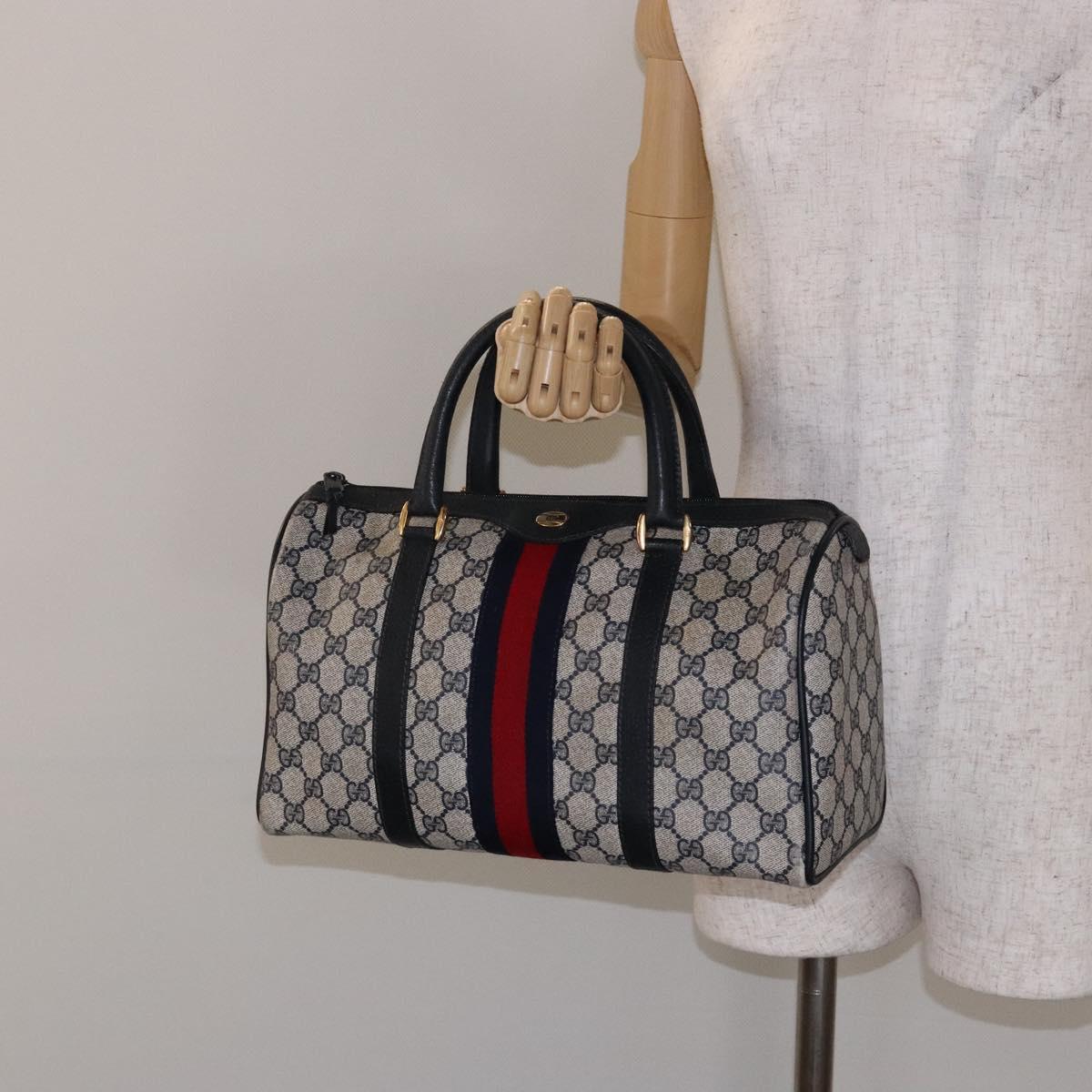 GUCCI GG Supreme Sherry Line Boston Bag PVC Navy Red gold Auth 138290