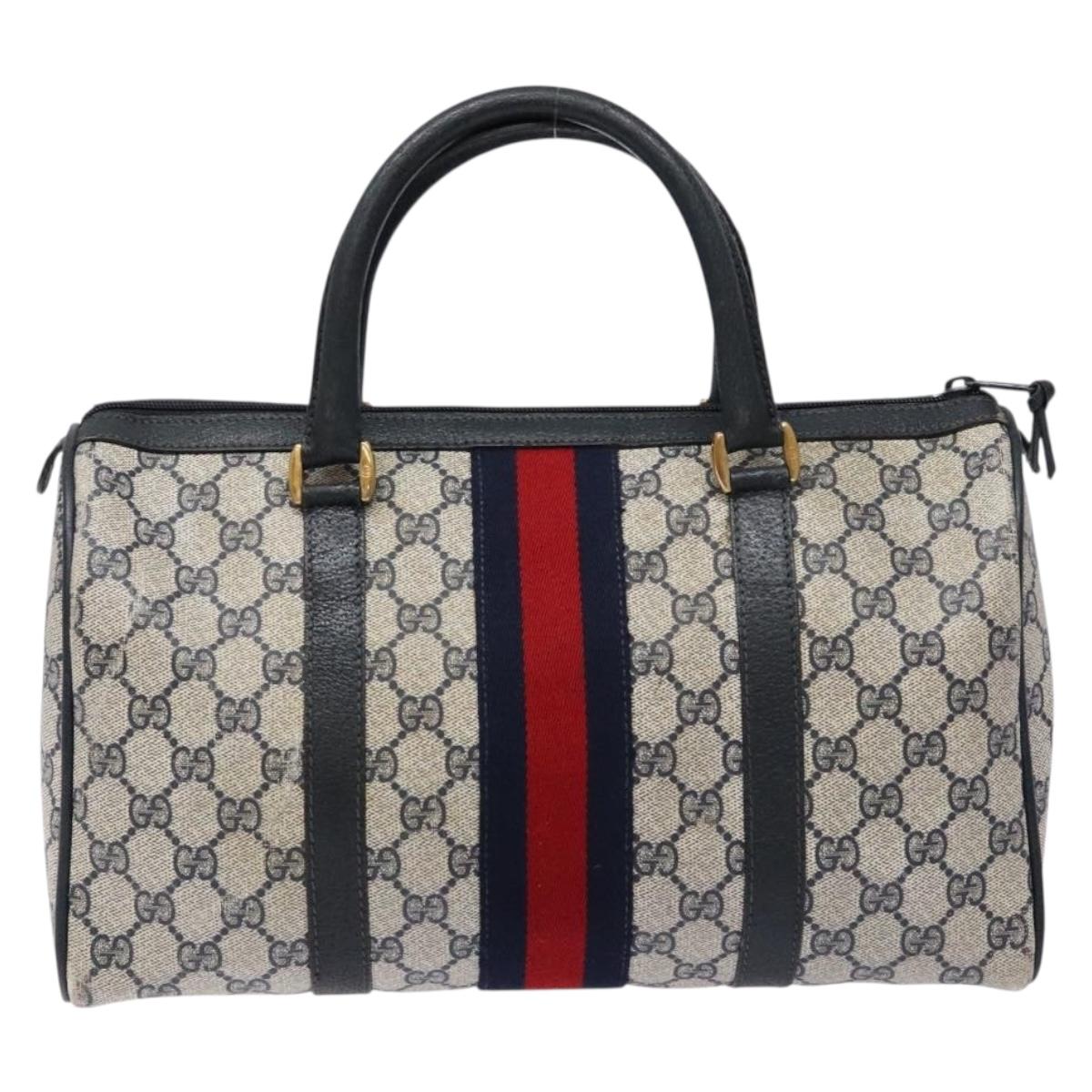 GUCCI GG Supreme Sherry Line Boston Bag PVC Navy Red gold Auth 138290