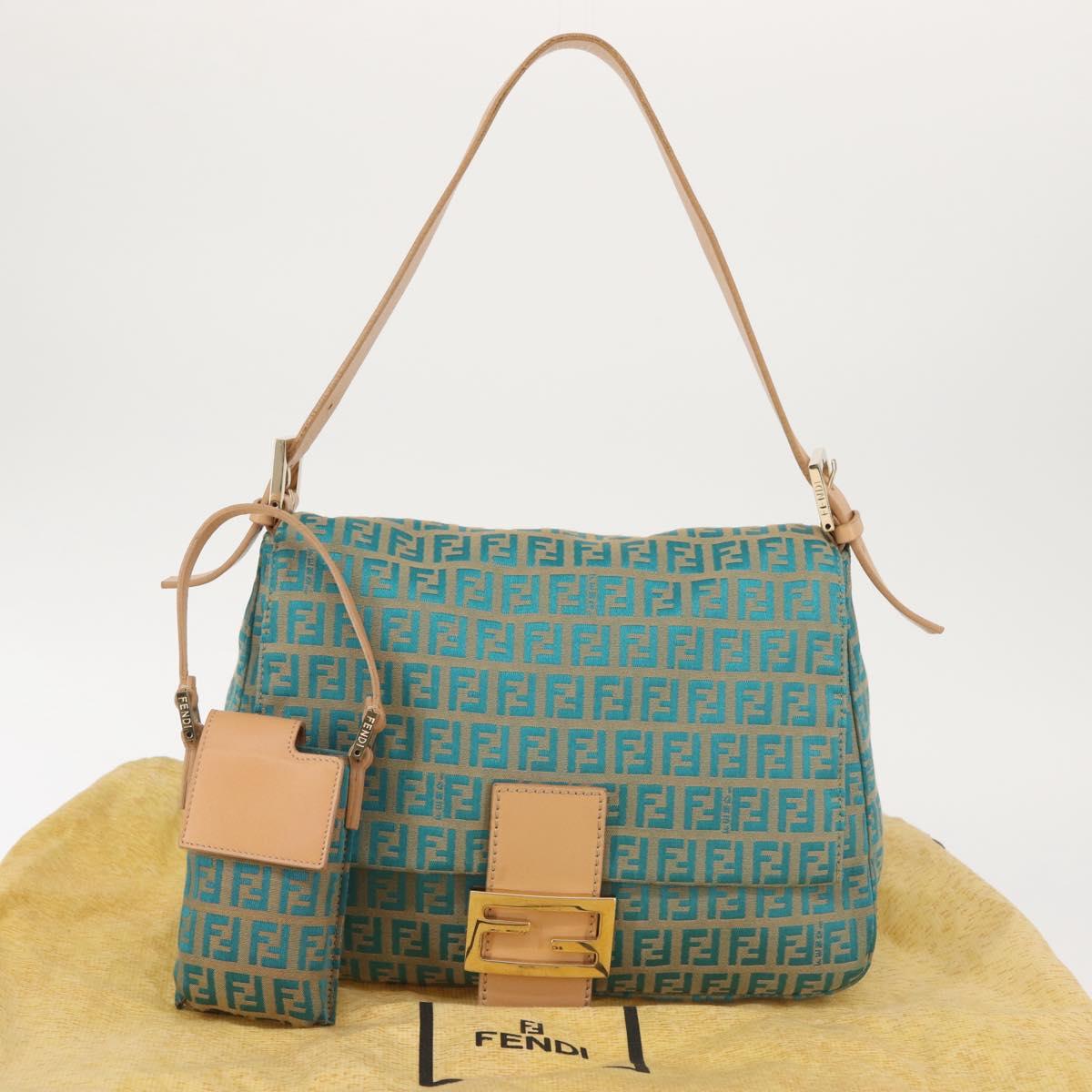 FENDI Zucchino Canvas Mamma Baguette Shoulder Bag Gold Green Auth 138349