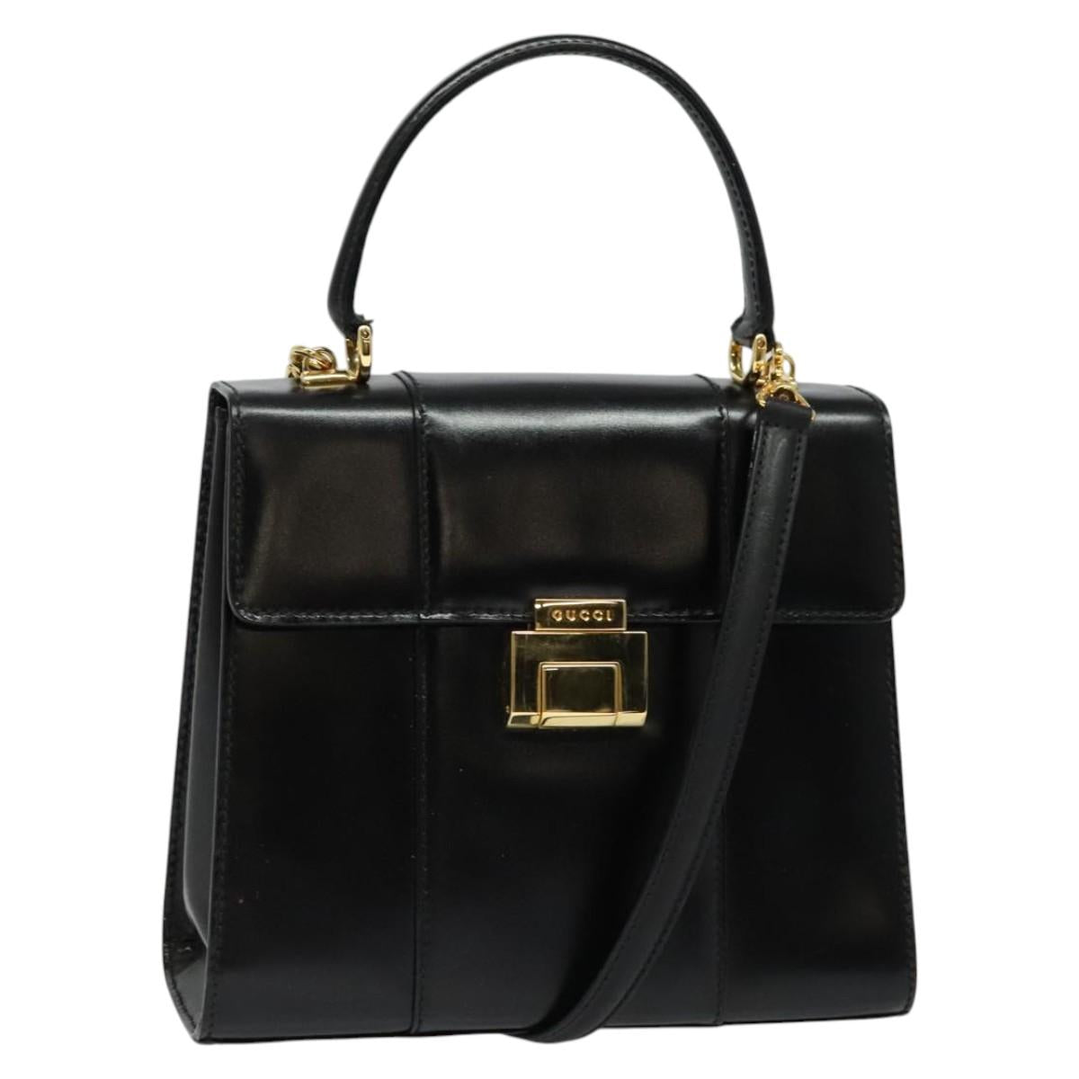 GUCCI Hand Bag Leather 2way Black Gold Auth 138368