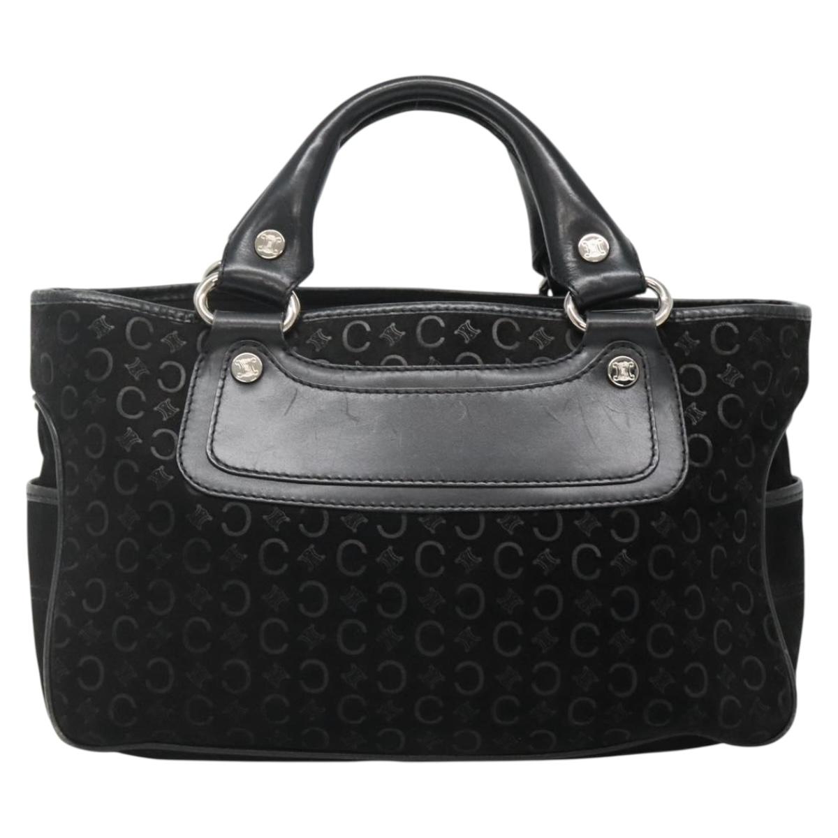 CELINE C Macadam Canvas Hand Bag Suede Black Silver Auth 138370