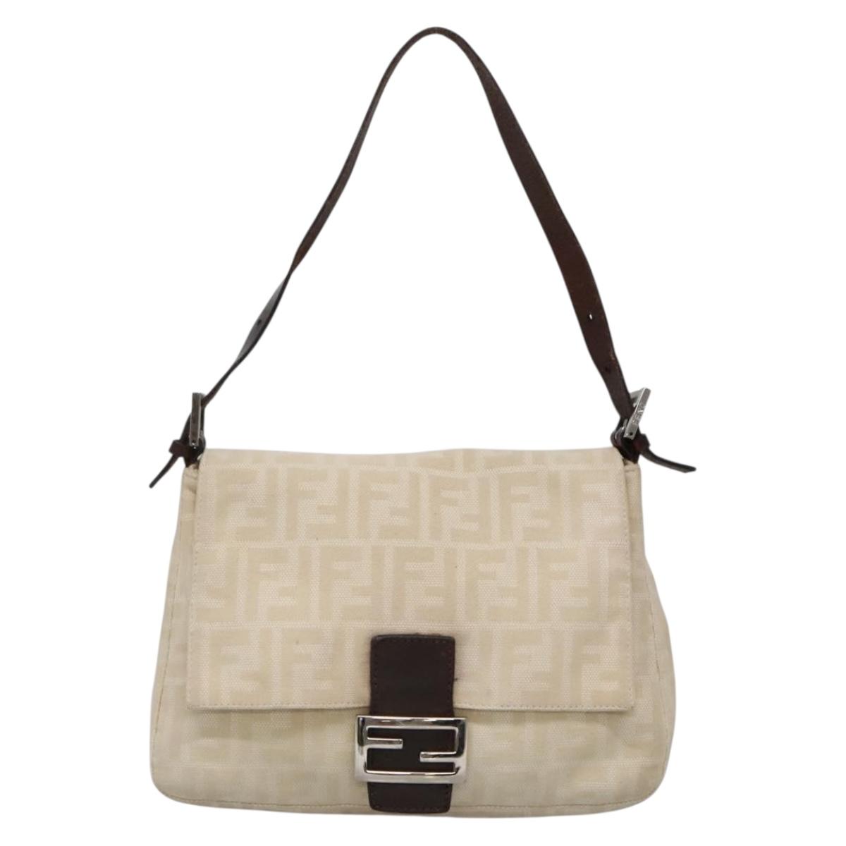 FENDI Zucca Canvas Mamma Baguette Shoulder Bag Beige Silver Auth 138371