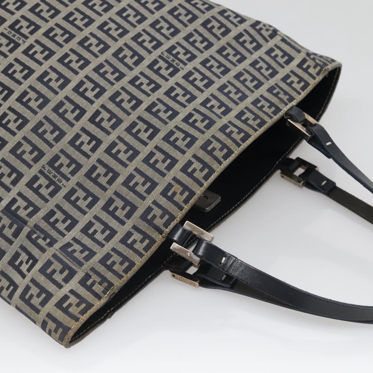 FENDI Zucchino Canvas Hand Bag Navy Silver Auth 138385