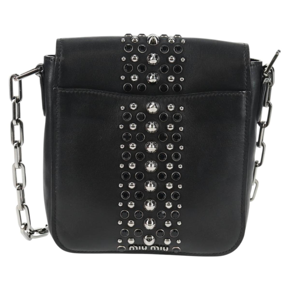 Miu Miu Chain Shoulder Bag Leather Black Silver Auth 138395V