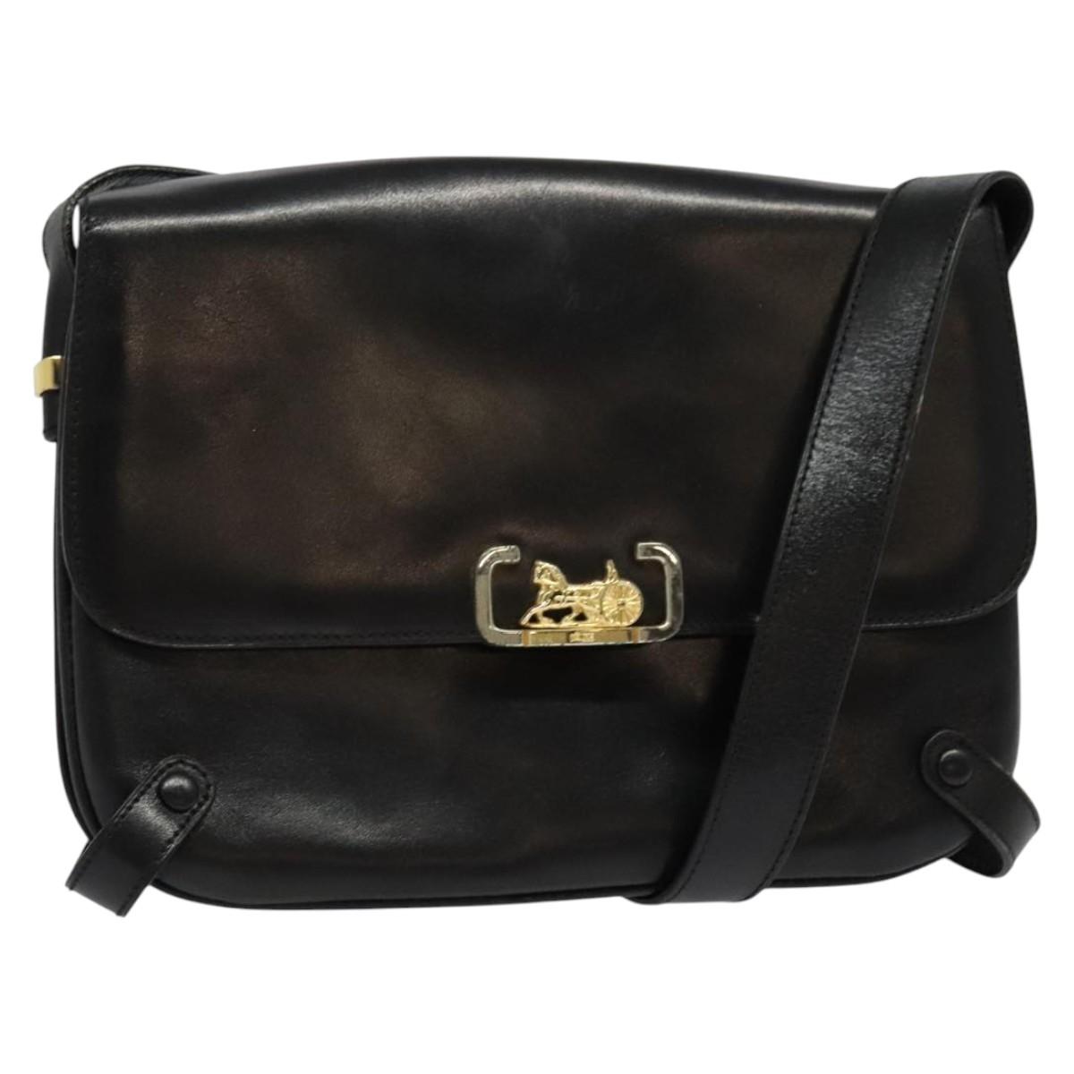 CELINE Shoulder Bag Leather Black Gold Auth 138409