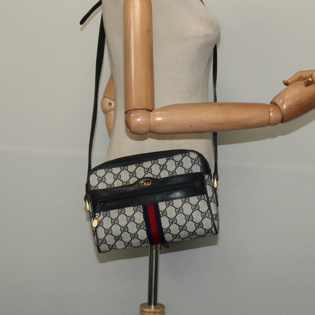 GUCCI GG Supreme Sherry Line Shoulder Bag PVC Navy Gold Red Auth 138452