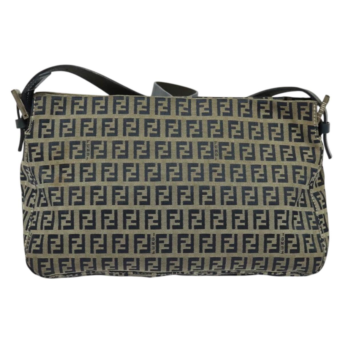 FENDI Zucchino Canvas Mamma Baguette Shoulder Bag Navy Silver Auth 138467