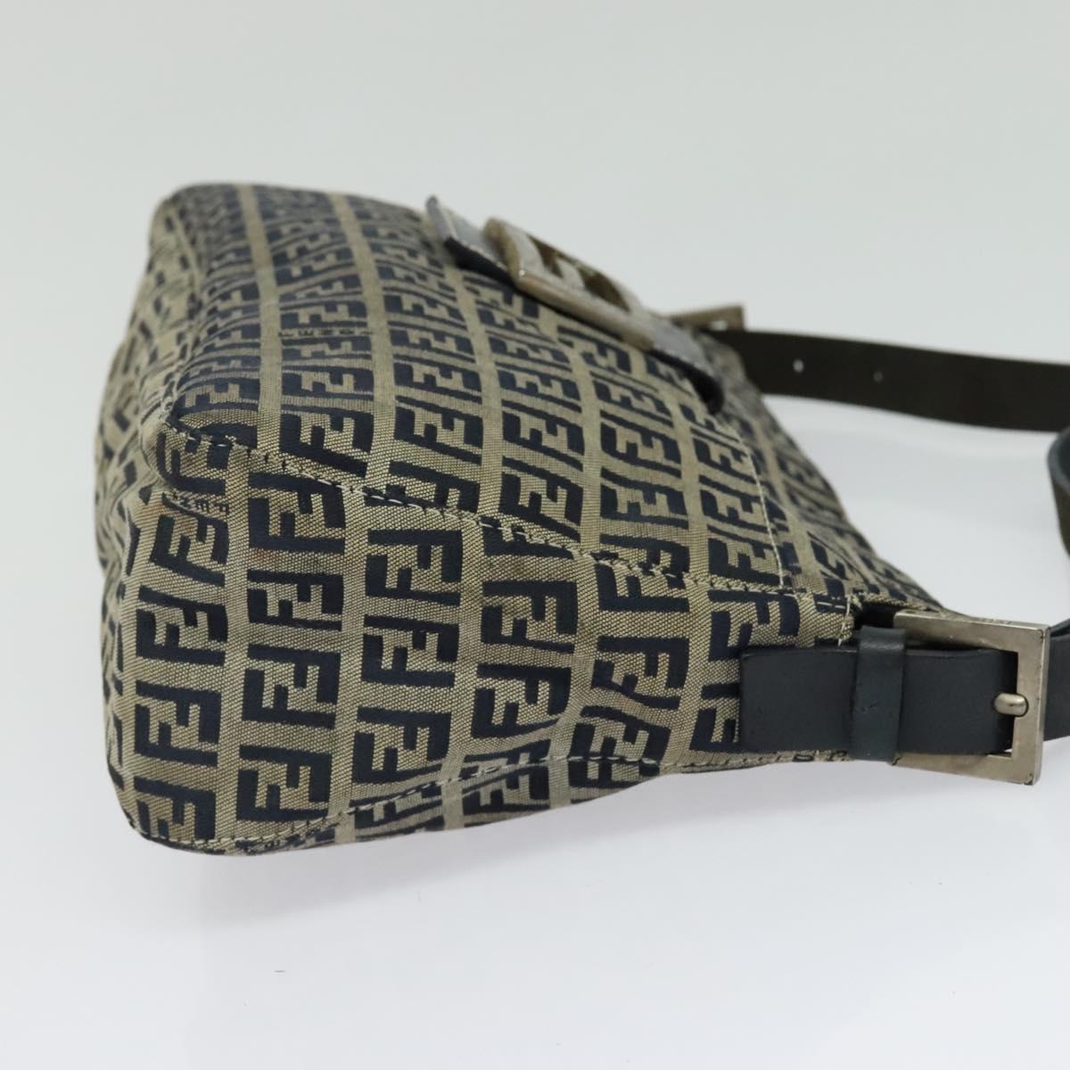 FENDI Zucchino Canvas Mamma Baguette Shoulder Bag Navy Silver Auth 138467