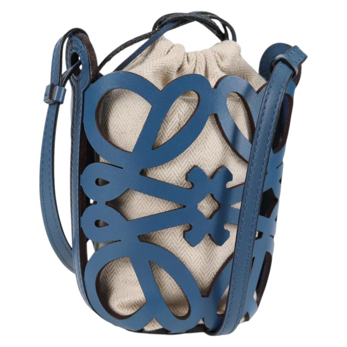 LOEWE Anagram Cut Out Pocket Shoulder Bag Leather Blue Auth 138555A