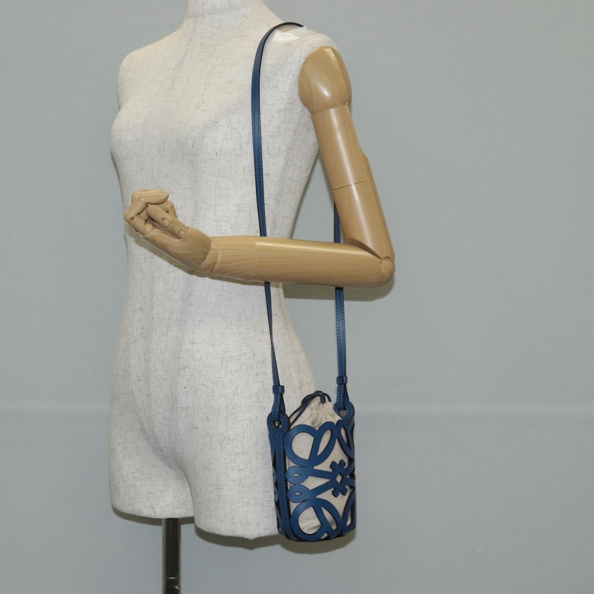 LOEWE Anagram Cut Out Pocket Shoulder Bag Leather Blue Auth 138555M