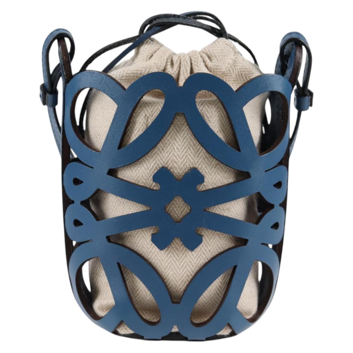 LOEWE Anagram Cut Out Pocket Shoulder Bag Leather Blue Auth 138555M