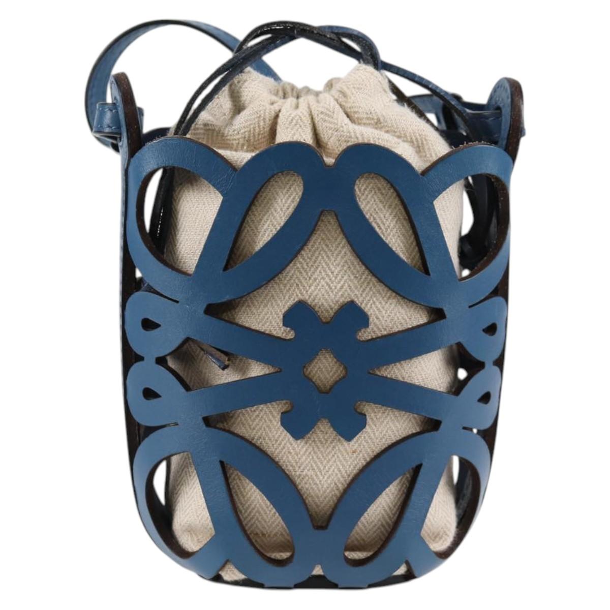 LOEWE Anagram Cut Out Pocket Shoulder Bag Leather Blue Auth 138555M