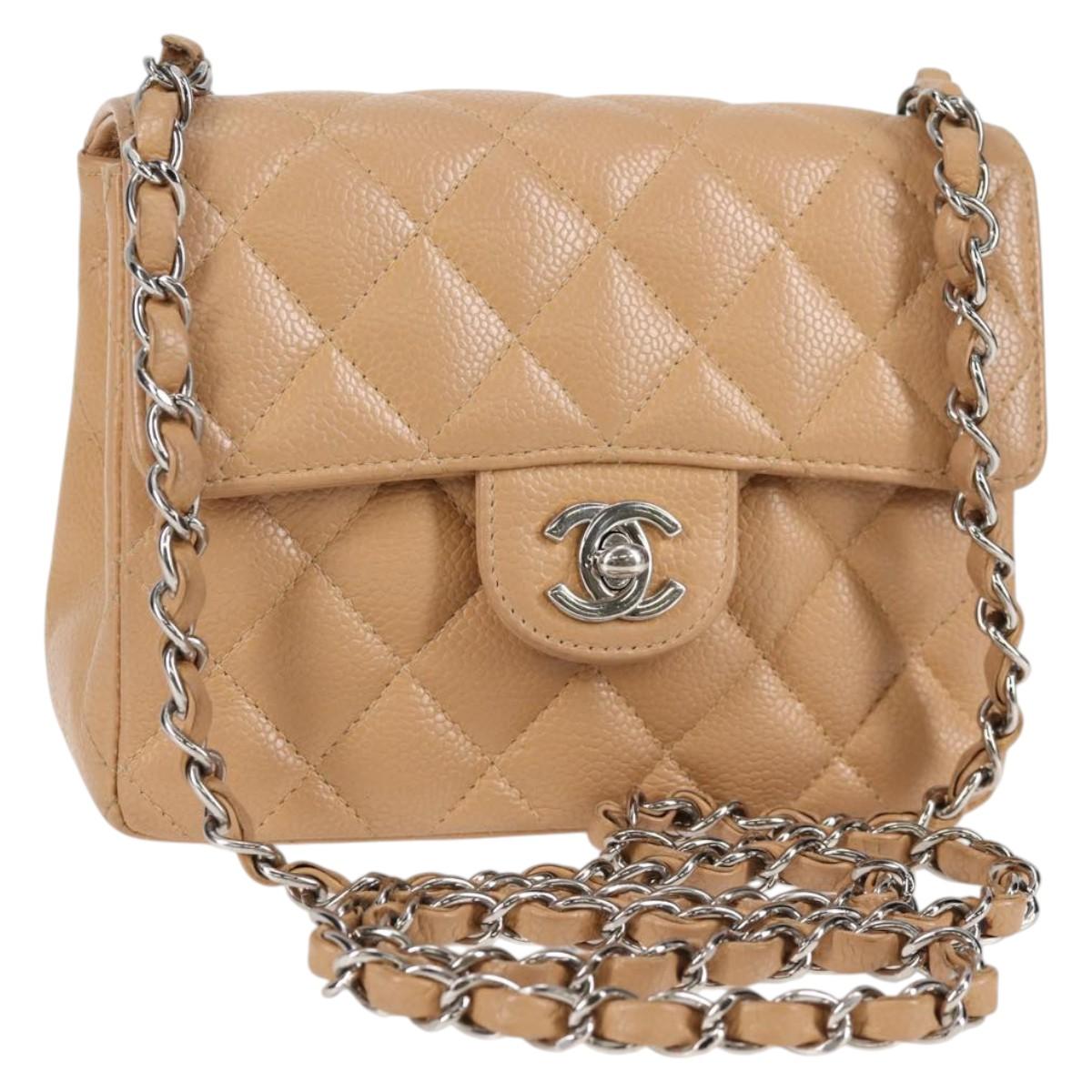 CHANEL Mini Matelasse 17 Chain Shoulder Bag Caviar Skin Beige CC Auth 138560V