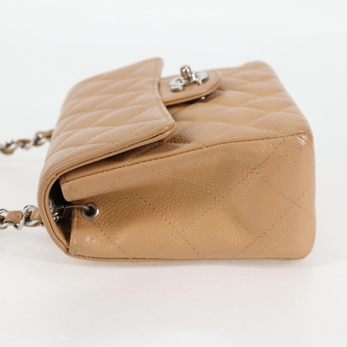 CHANEL Mini Matelasse 17 Chain Shoulder Bag Caviar Skin Beige CC Auth 138560V