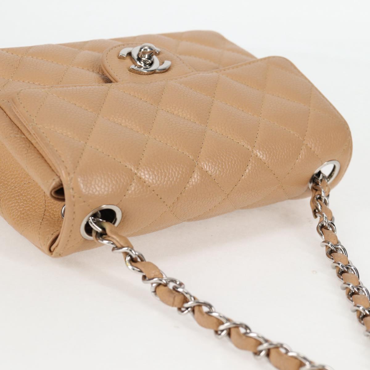 CHANEL Mini Matelasse 17 Chain Shoulder Bag Caviar Skin Beige CC Auth 138560V