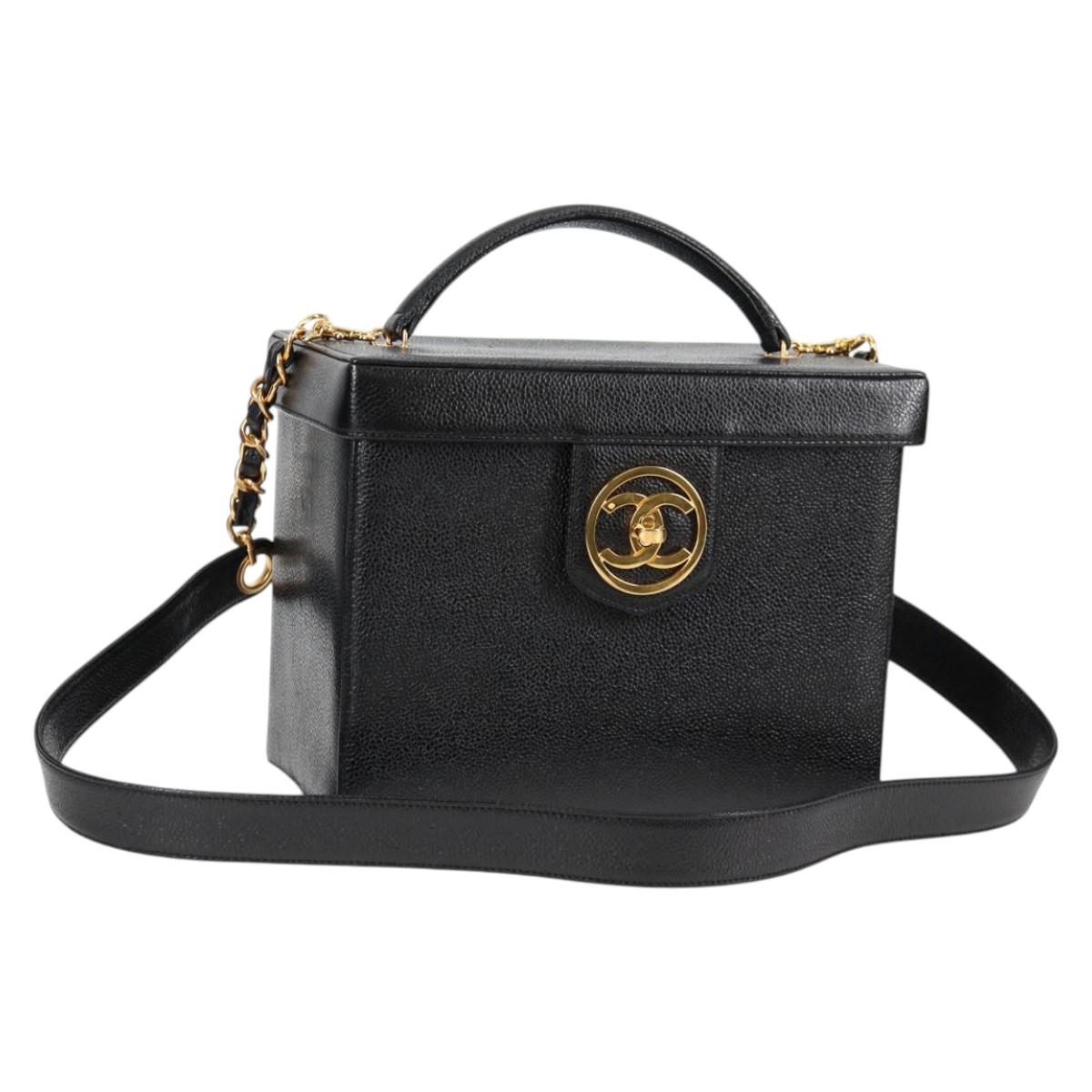 CHANEL Vanity Hand Bag Caviar Skin 2way Black Gold CC Auth 138563V