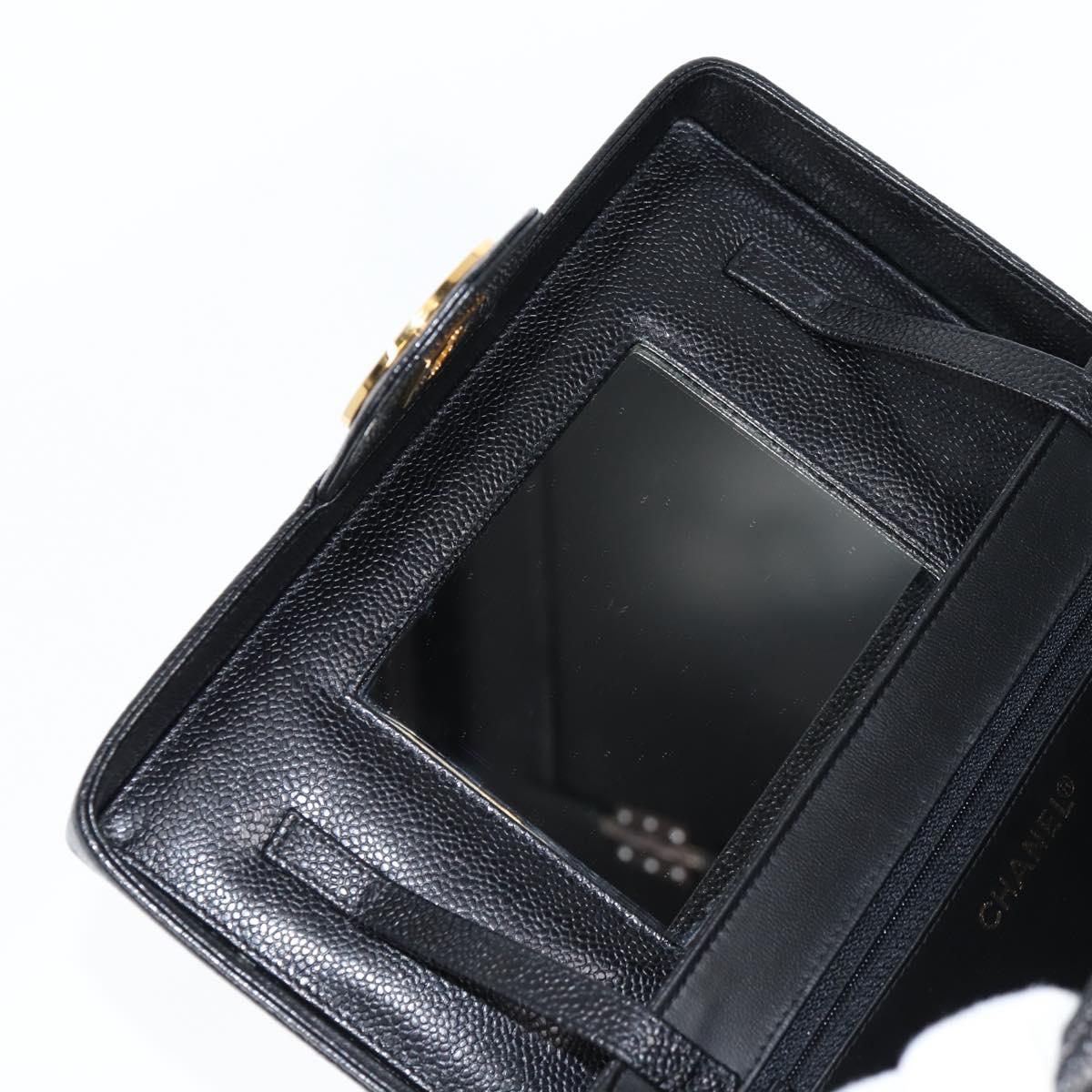 CHANEL Vanity Hand Bag Caviar Skin 2way Black Gold CC Auth 138563V