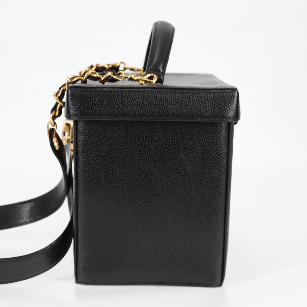 CHANEL Vanity Hand Bag Caviar Skin 2way Black Gold CC Auth 138563V