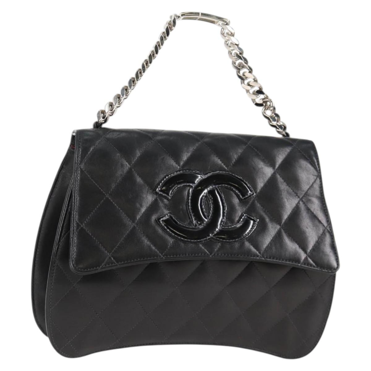 CHANEL Chain Hand Bag Lamb Skin Black Silver CC Auth 138566A