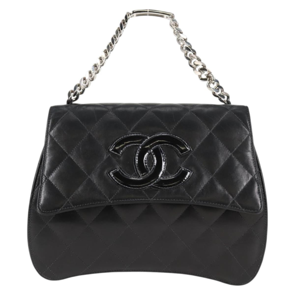 CHANEL Chain Hand Bag Lamb Skin Black Silver CC Auth 138566A