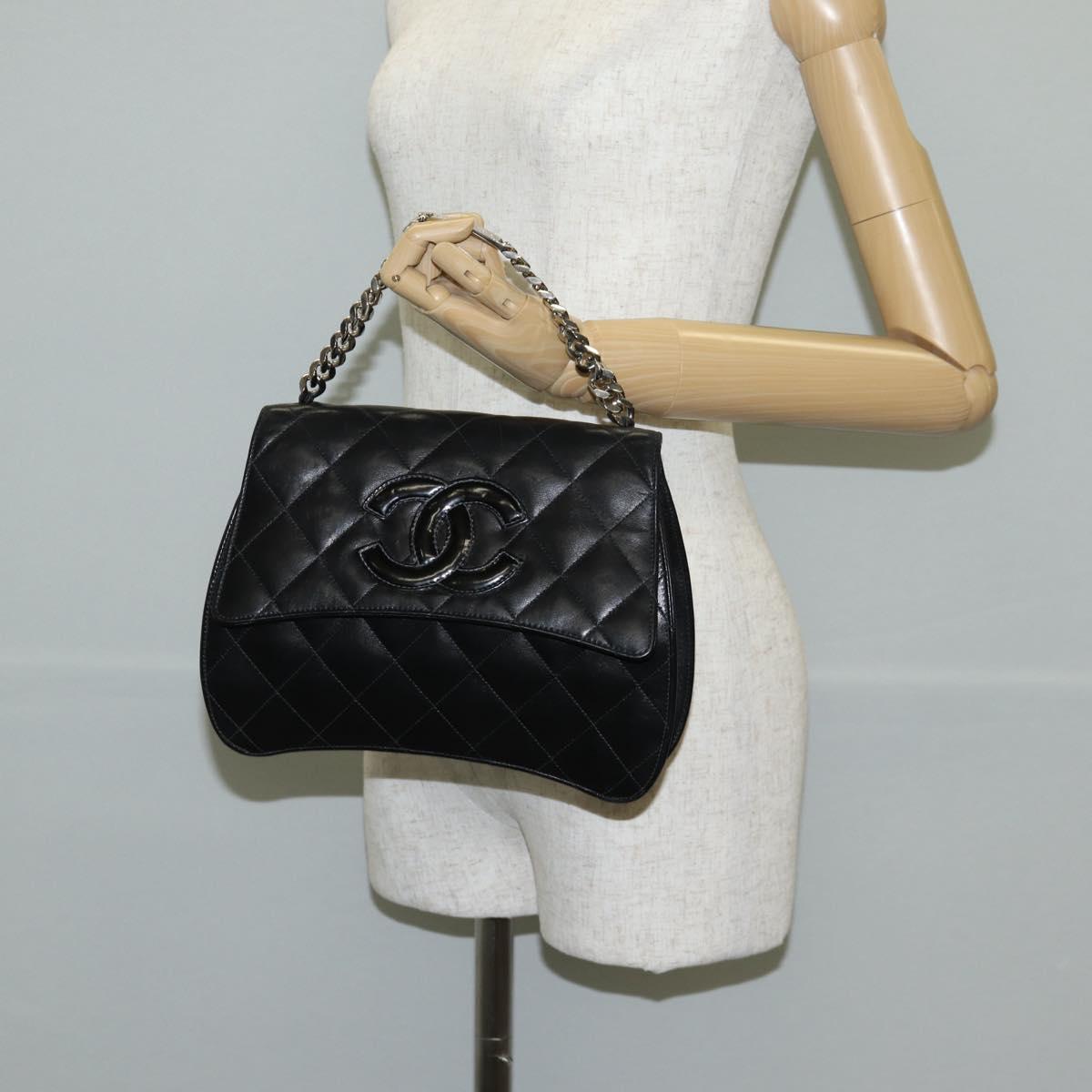 CHANEL Chain Hand Bag Lamb Skin Black Silver CC Auth 138566A