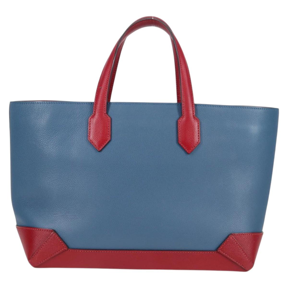 HERMES Maxi Box Cabas 30 Hand Bag Leather Blue Silver Auth 138569V