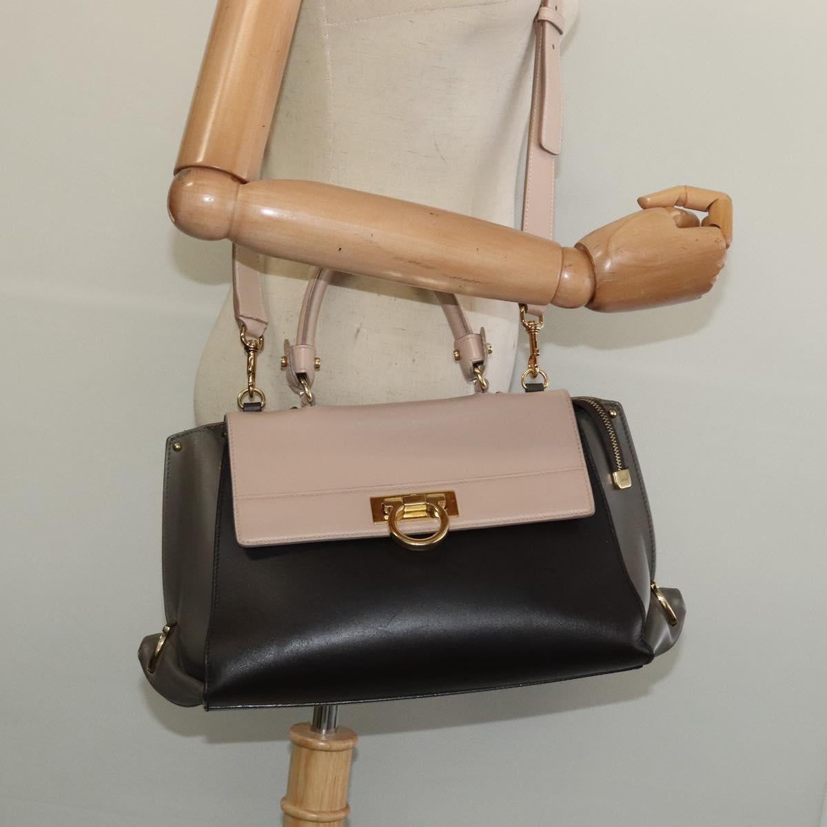 Salvatore Ferragamo Gancini Sophia Hand Bag Leather 2way Brown Gold Auth 138628
