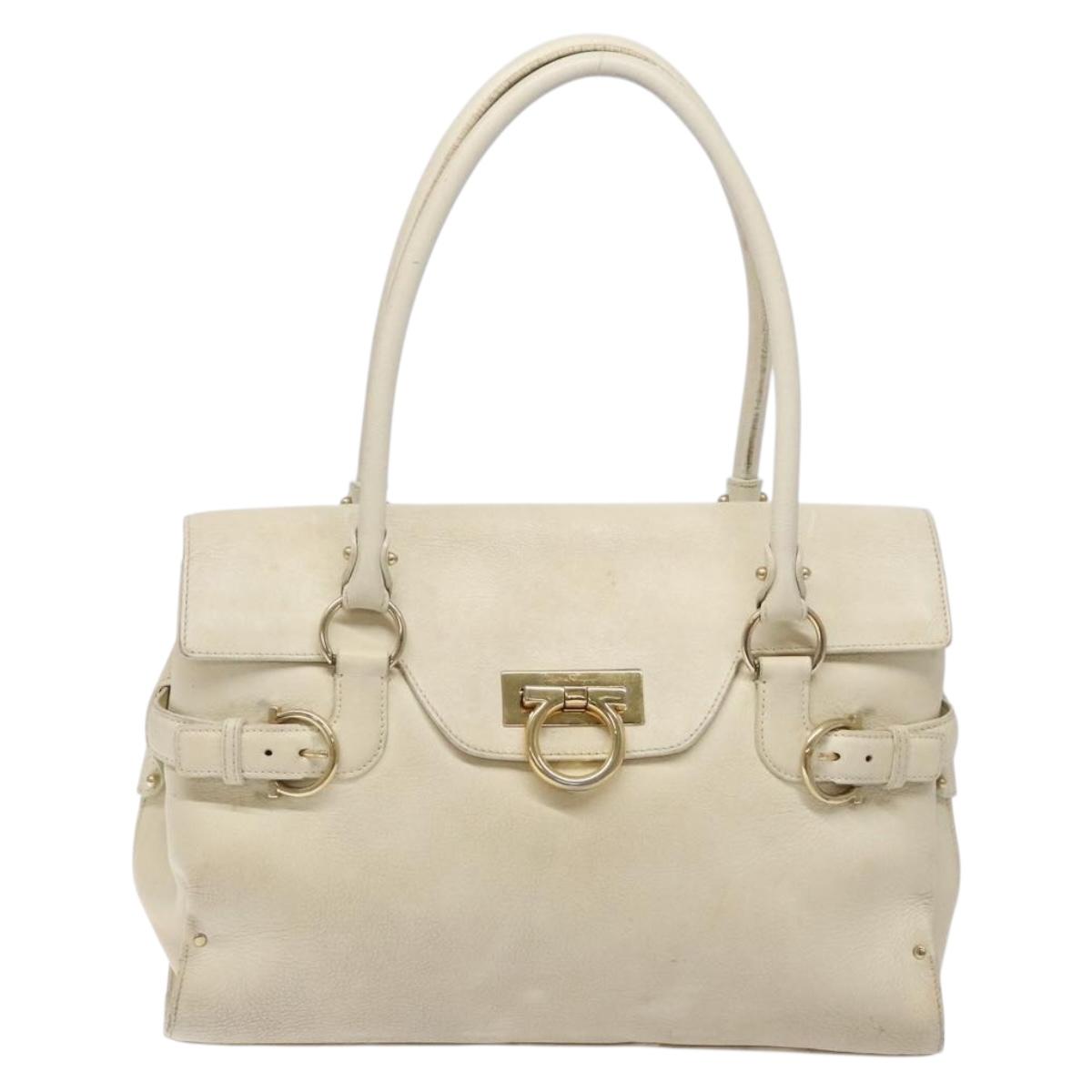 Salvatore Ferragamo Gancini Hand Bag Leather White Gold Auth 138629