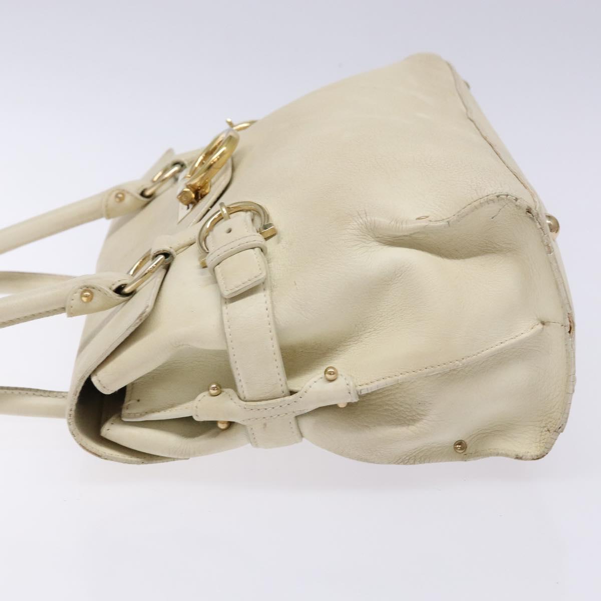 Salvatore Ferragamo Gancini Hand Bag Leather White Gold Auth 138629
