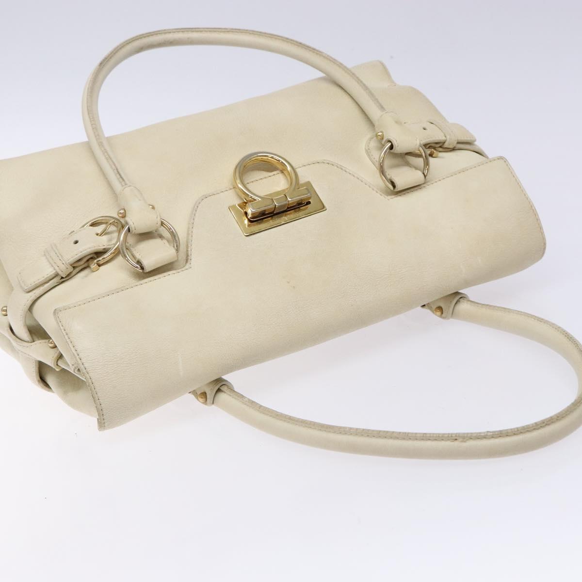 Salvatore Ferragamo Gancini Hand Bag Leather White Gold Auth 138629