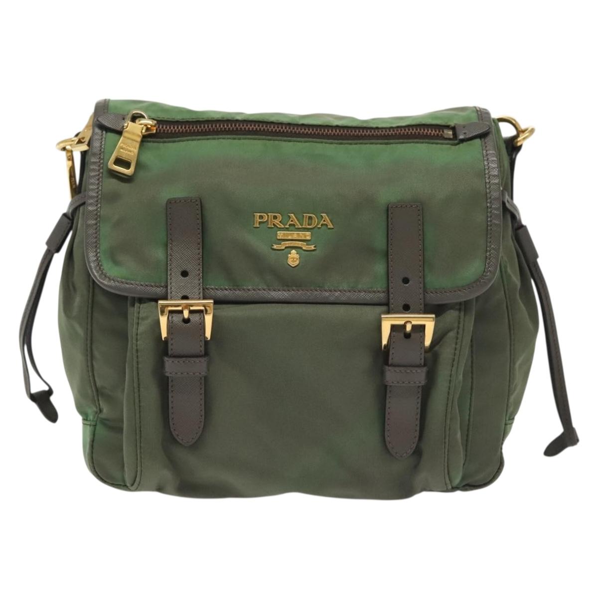 PRADA Shoulder Bag Nylon Khaki Gold Auth 138636
