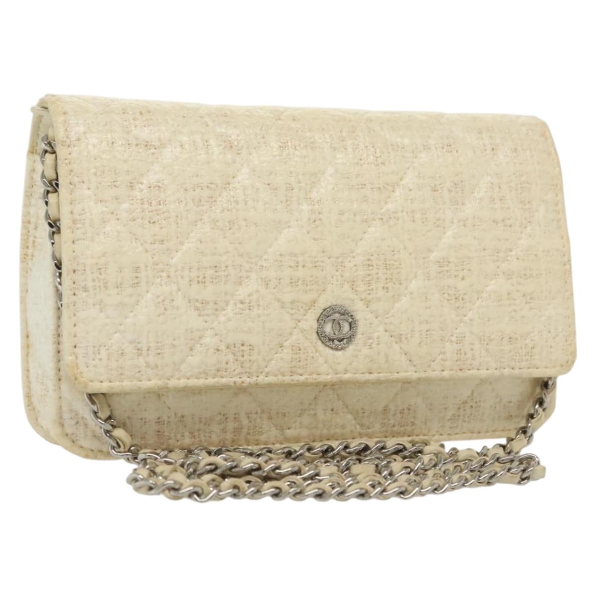 CHANEL Matelasse Chain Wallet Tweed White Silver CC Auth 138800