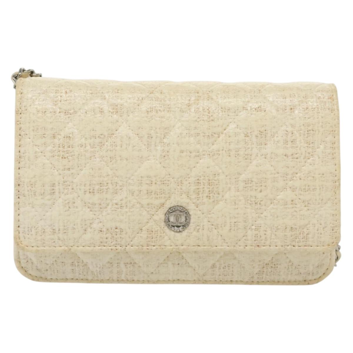 CHANEL Matelasse Chain Wallet Tweed White Silver CC Auth 138800