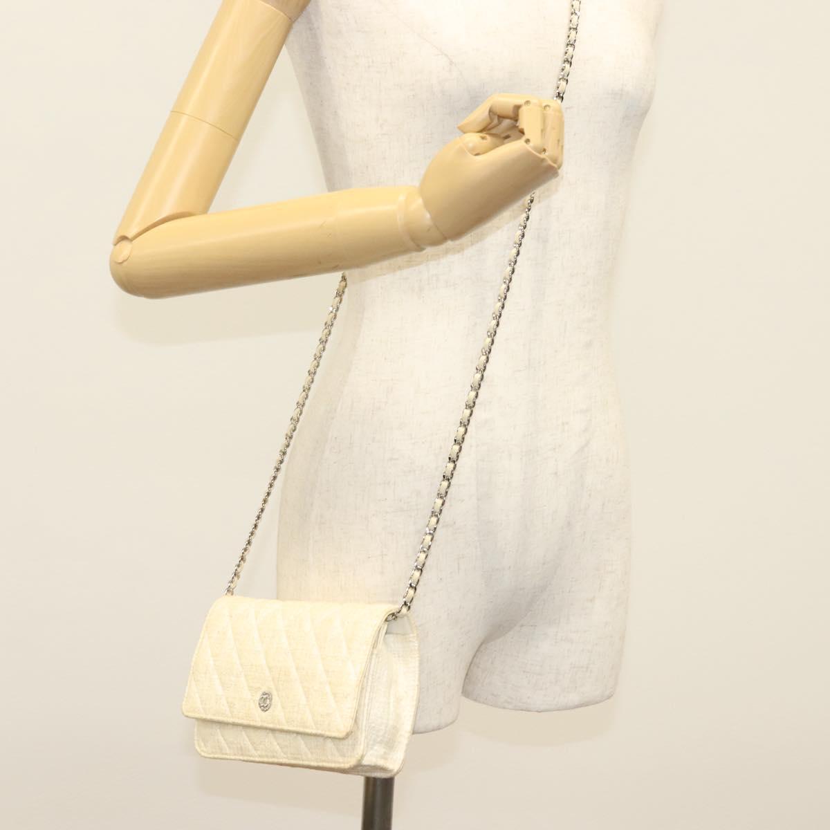 CHANEL Matelasse Chain Wallet Tweed White Silver CC Auth 138800