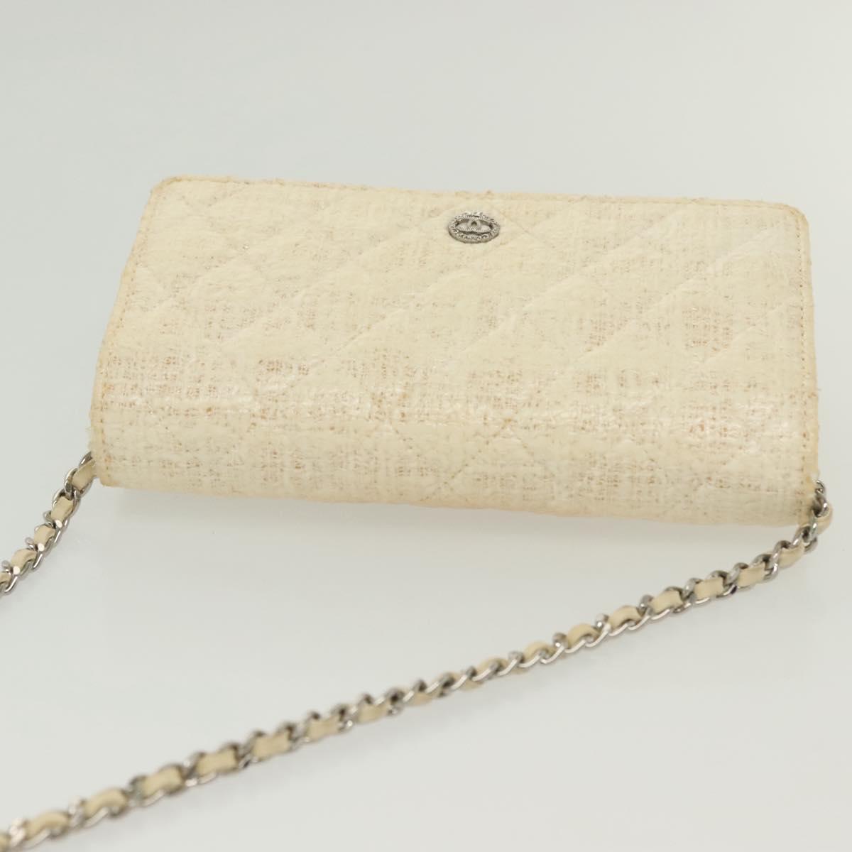 CHANEL Matelasse Chain Wallet Tweed White Silver CC Auth 138800