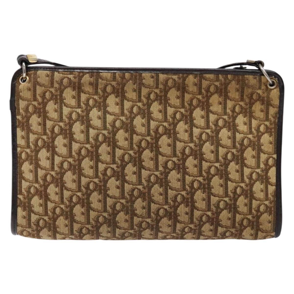 Christian Dior Trotter Canvas Shoulder Bag Brown Gold Auth 138805