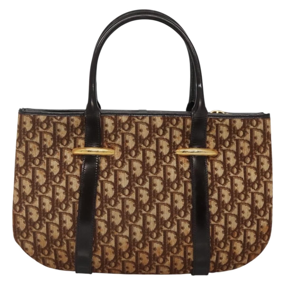 Christian Dior Trotter Canvas Hand Bag Brown Gold Auth 138806